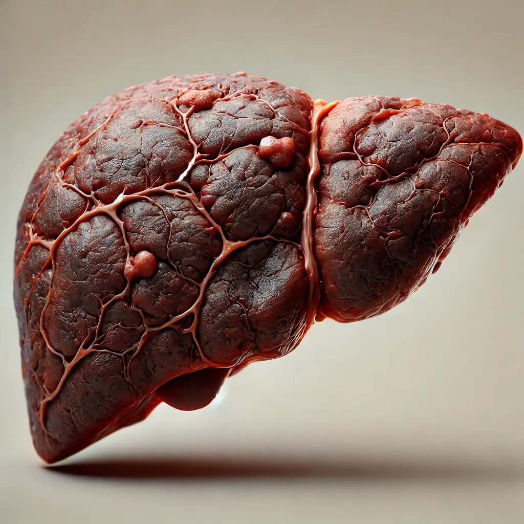 DALL·E-2025-01-29-13.16.18-A-highly-realistic-3D-illustration-of-a-human-liver-with-cirrhosis-showing-a-rough-dark-brown-and-reddish-surface.-The-liver-should-feature-visible- (1)